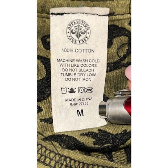 Affliction Women's M Long Sleeve Lace Cross Embellished Tee Acid Wash Green Goth - Picture 4 of 5